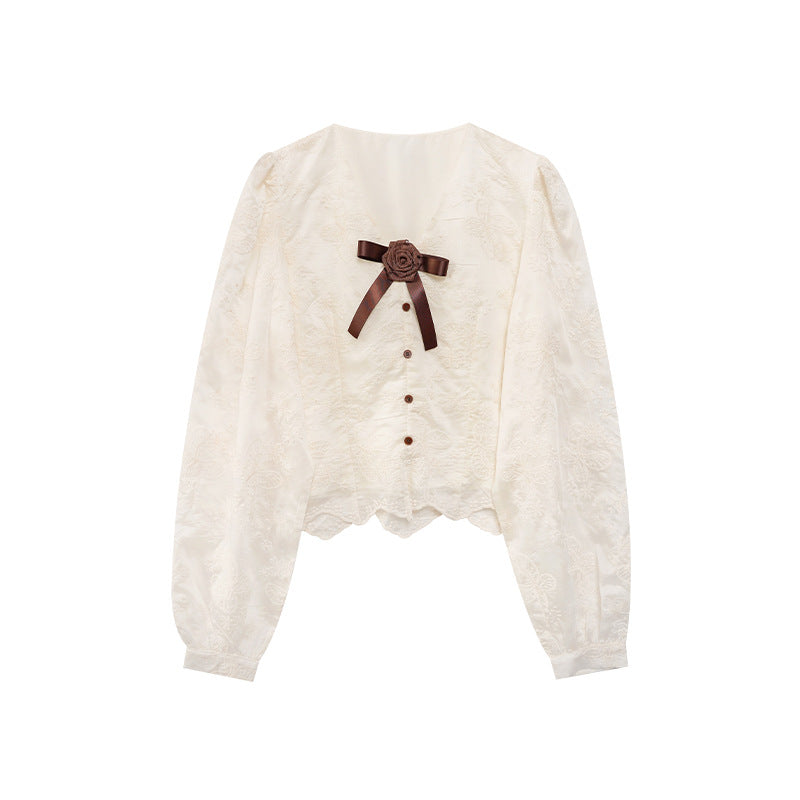 Embroidered Bow Tie V-Neck Top for Women – Cotton | Elegant Long Sleeve Modest Wear