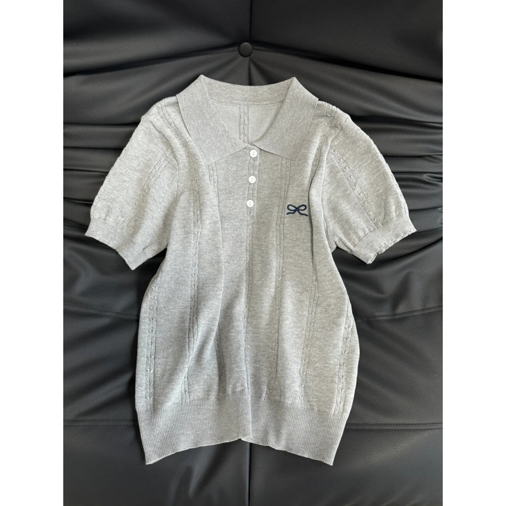 Embroidered Polo Collar Knit Top for Women – Polyester | Elegant Modest Wear