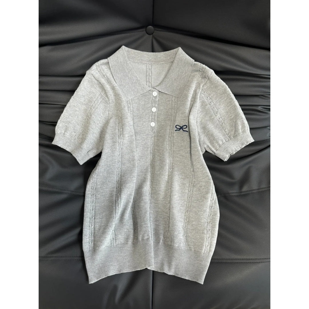 Embroidered Polo Collar Knit Top for Women – Polyester | Elegant Modest Wear