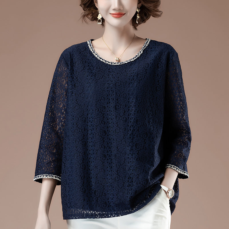 Elegant Lace Three-Quarter Sleeve Top for Women – Polyester | Modest Casual Wear