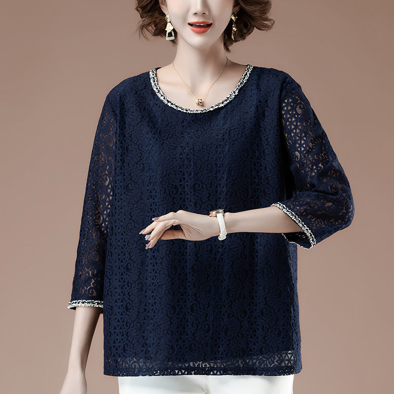 Elegant Lace Three-Quarter Sleeve Top for Women – Polyester | Modest Casual Wear
