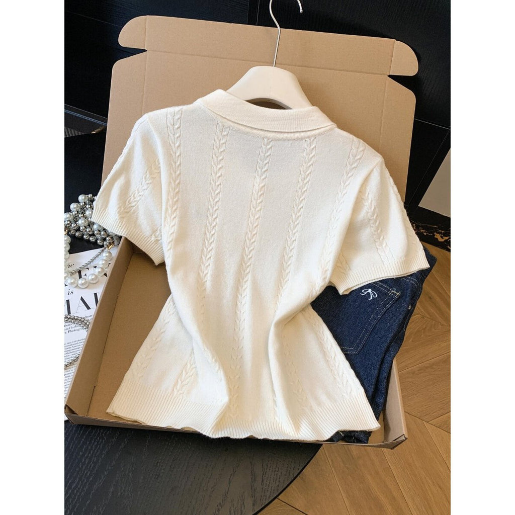 Embroidered Polo Collar Knit Top for Women – Polyester | Elegant Modest Wear