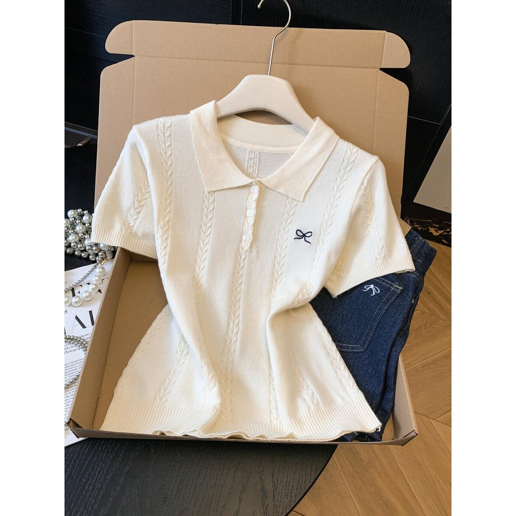 Embroidered Polo Collar Knit Top for Women – Polyester | Elegant Modest Wear
