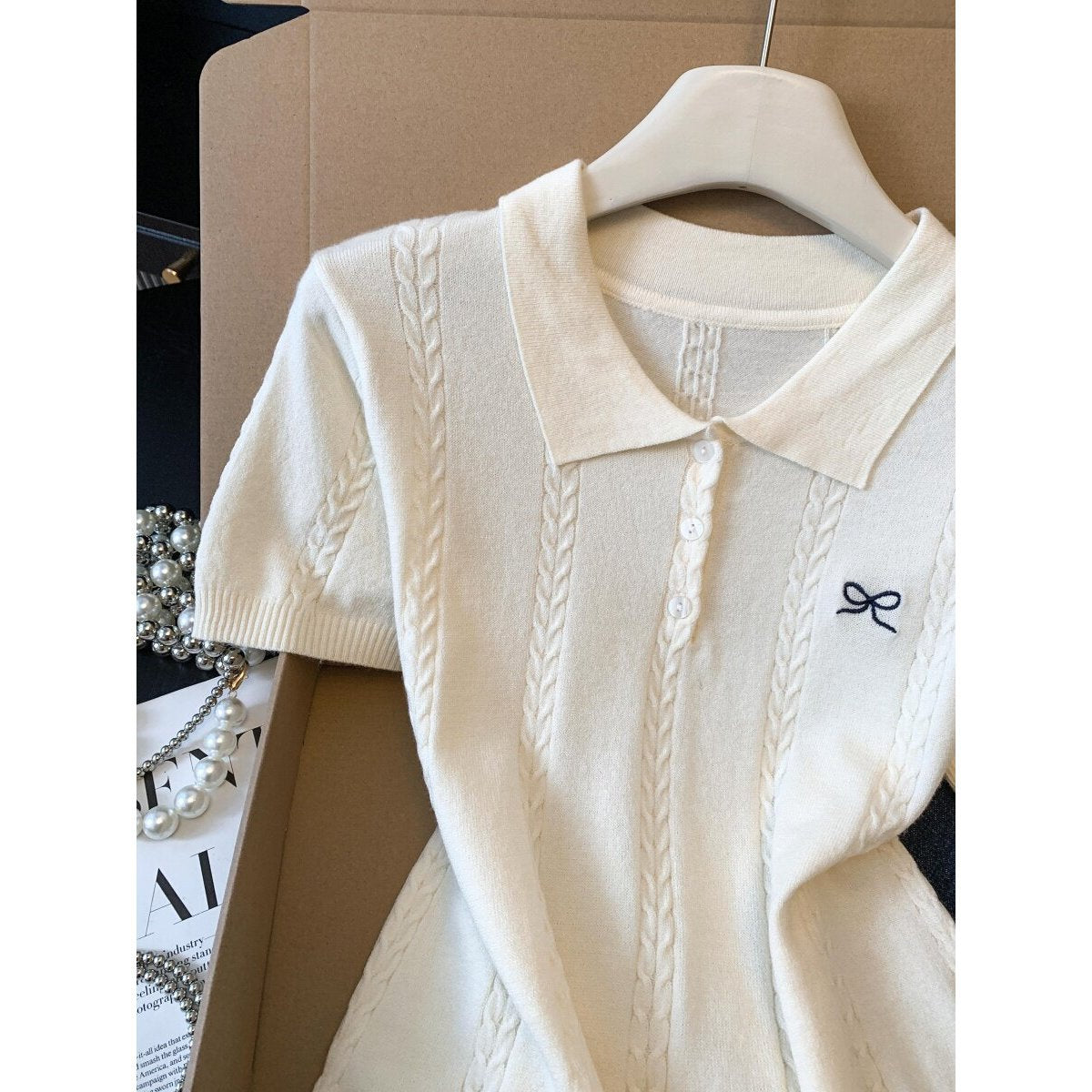 Embroidered Polo Collar Knit Top for Women – Polyester | Elegant Modest Wear