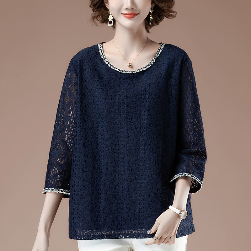 Elegant Lace Three-Quarter Sleeve Top for Women – Polyester | Modest Casual Wear