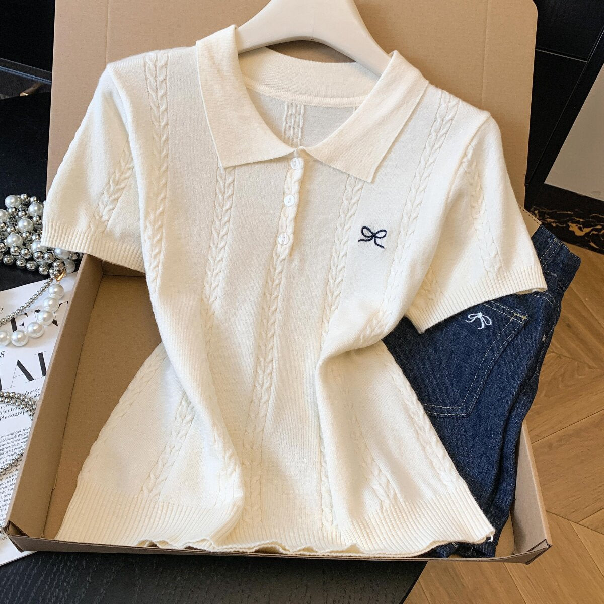 Embroidered Polo Collar Knit Top for Women – Polyester | Elegant Modest Wear