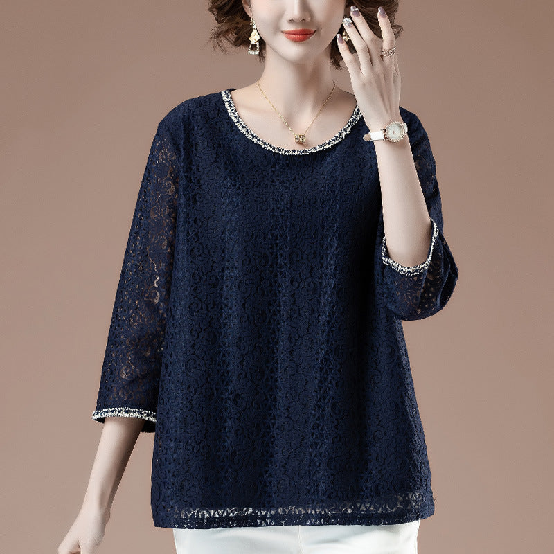 Elegant Lace Three-Quarter Sleeve Top for Women – Polyester | Modest Casual Wear